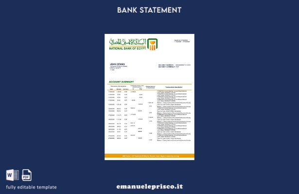 modello word di estratto conto bancario della Banca nazionale egiziana in stile 